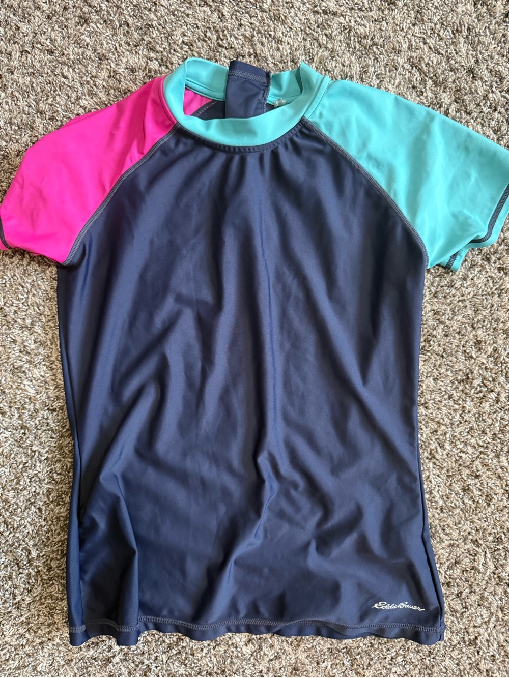 Eddie Bauer Navy Swim Top with Teal and Hot Pink Sleeves